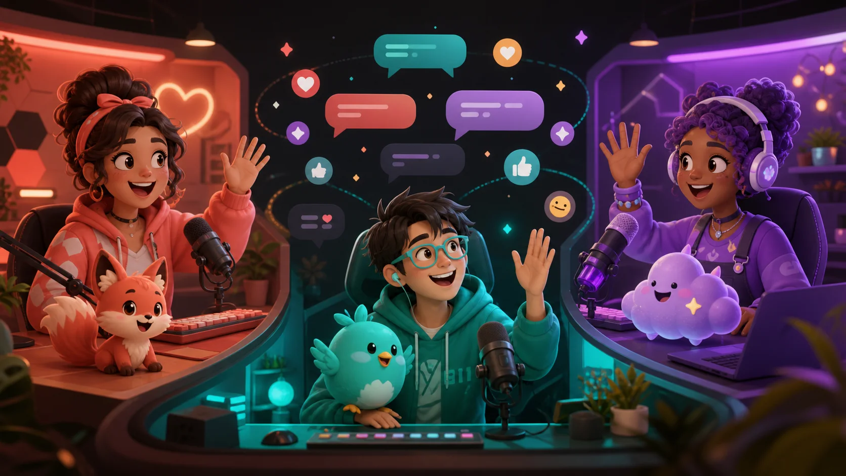 Three original creator mascots meeting around one abstract shared conversation