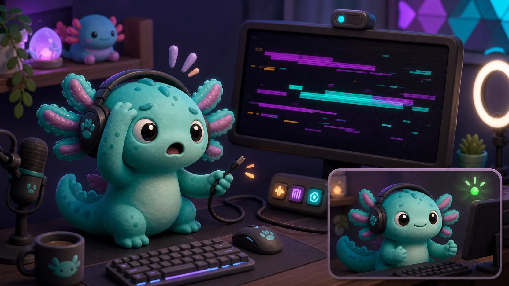 Original streamer mascot reacting to a harmless cable disconnect and abstract screen glitch