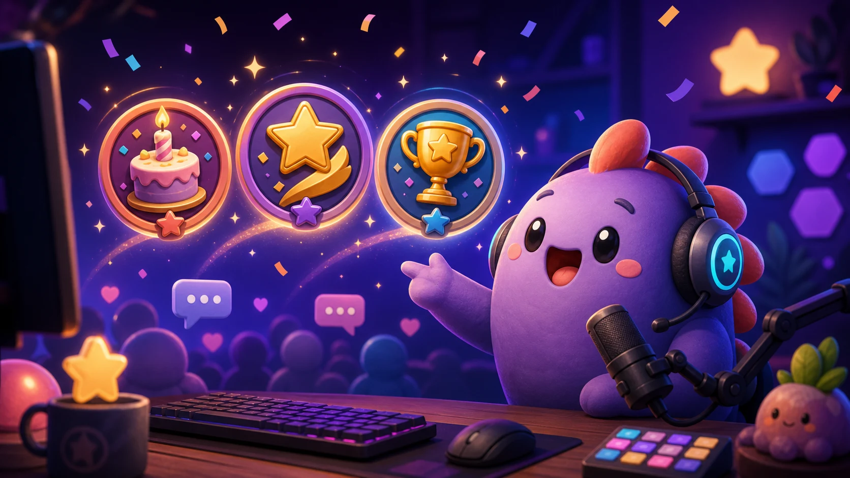 Original streamer mascot presenting cake, star, and trophy milestone badges