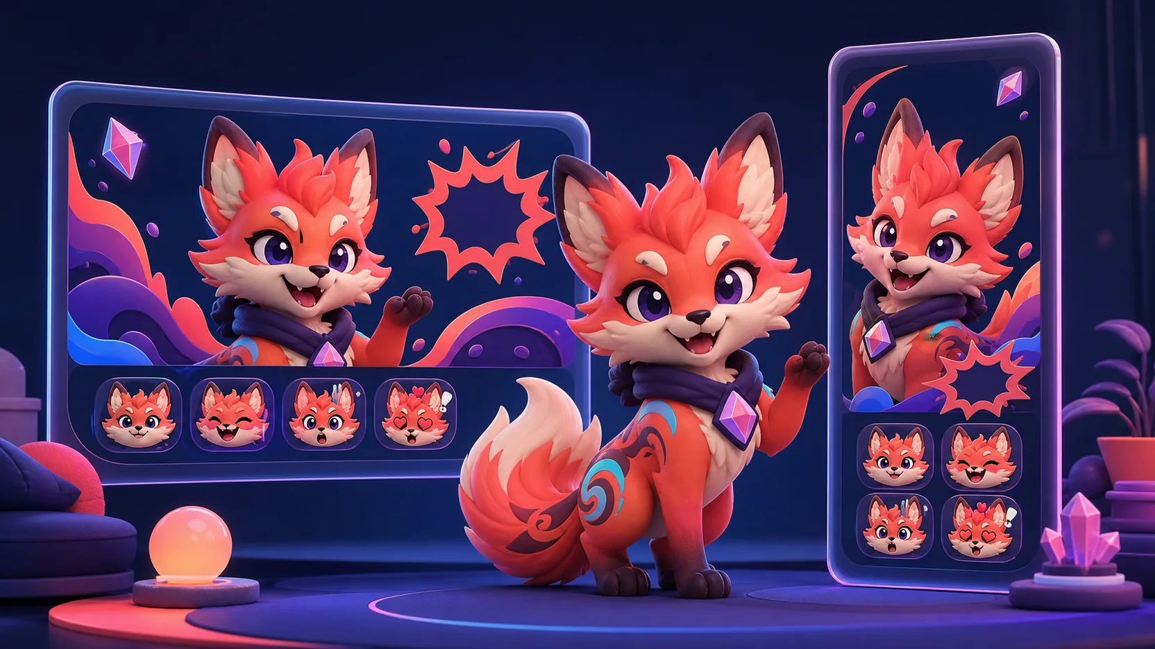 Original creator mascot appearing consistently in wide and vertical streaming layouts