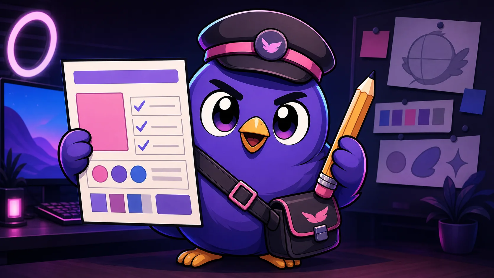 Original streamer mascot and artist collaborating over an organized emote brief