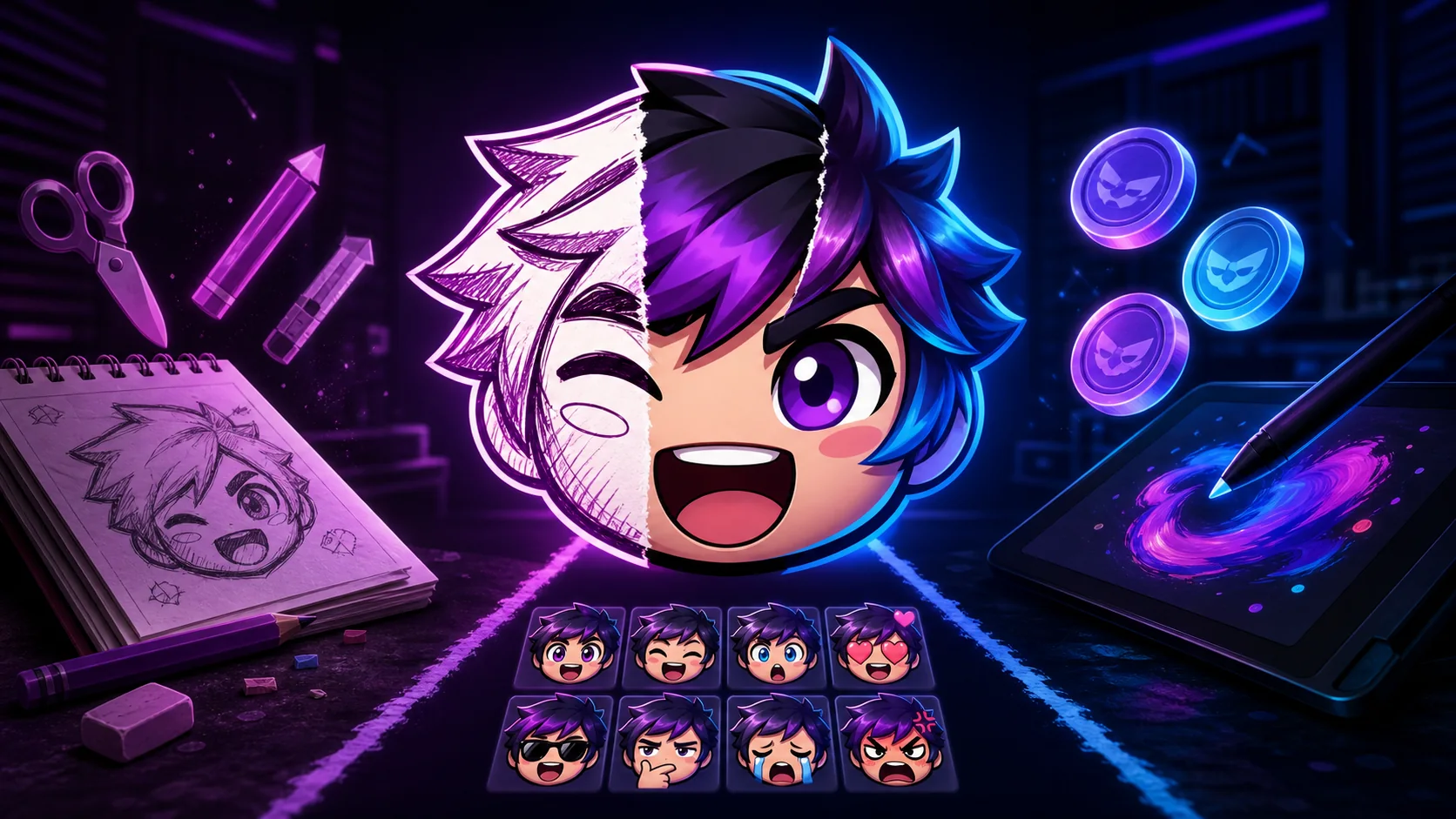 Original Twitch emote concepts arranged beside a practical creator budget